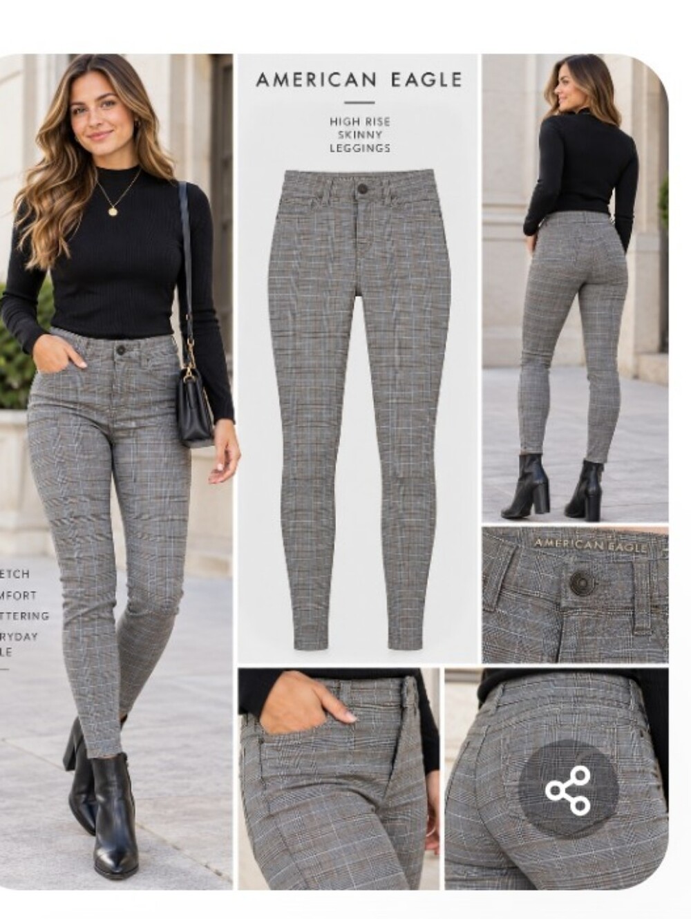 NWOT american Eagle Wome Size 8 Reg, Gray Plaid Skinny Stretch High rise Jeggins